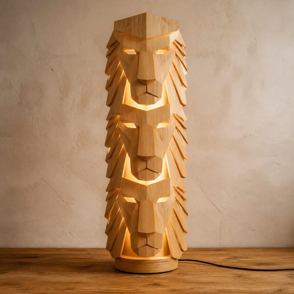 Stacked Lion Floor Lamp shown as an original square photorealistic light-yellow wood lion lamp made from natural light-yellow wood with fine grain and warm diffused light