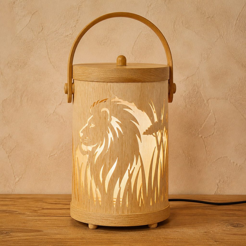 Savanna Lion Lantern shown as an original square photorealistic light-yellow wood lion lamp made from natural light-yellow wood with fine grain and warm diffused light