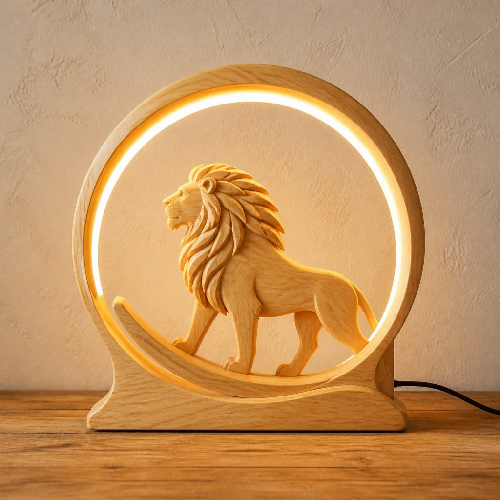 Lion-and-Sun Ring Lamp shown as an original square photorealistic light-yellow wood lion lamp made from natural light-yellow wood with fine grain and warm diffused light