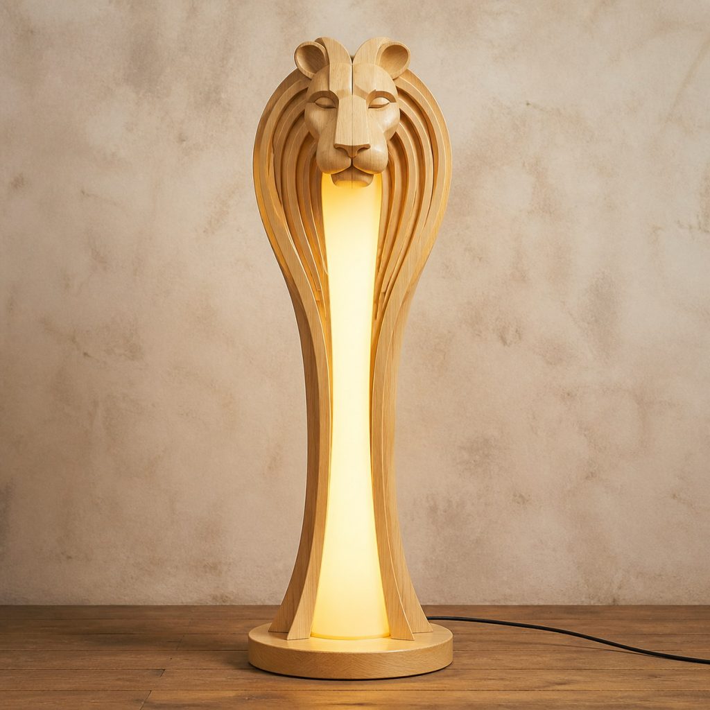 Twin-Mane Lion Floor Lamp shown as an original square photorealistic light-yellow wood lion lamp made from natural light-yellow wood with fine grain and warm diffused light