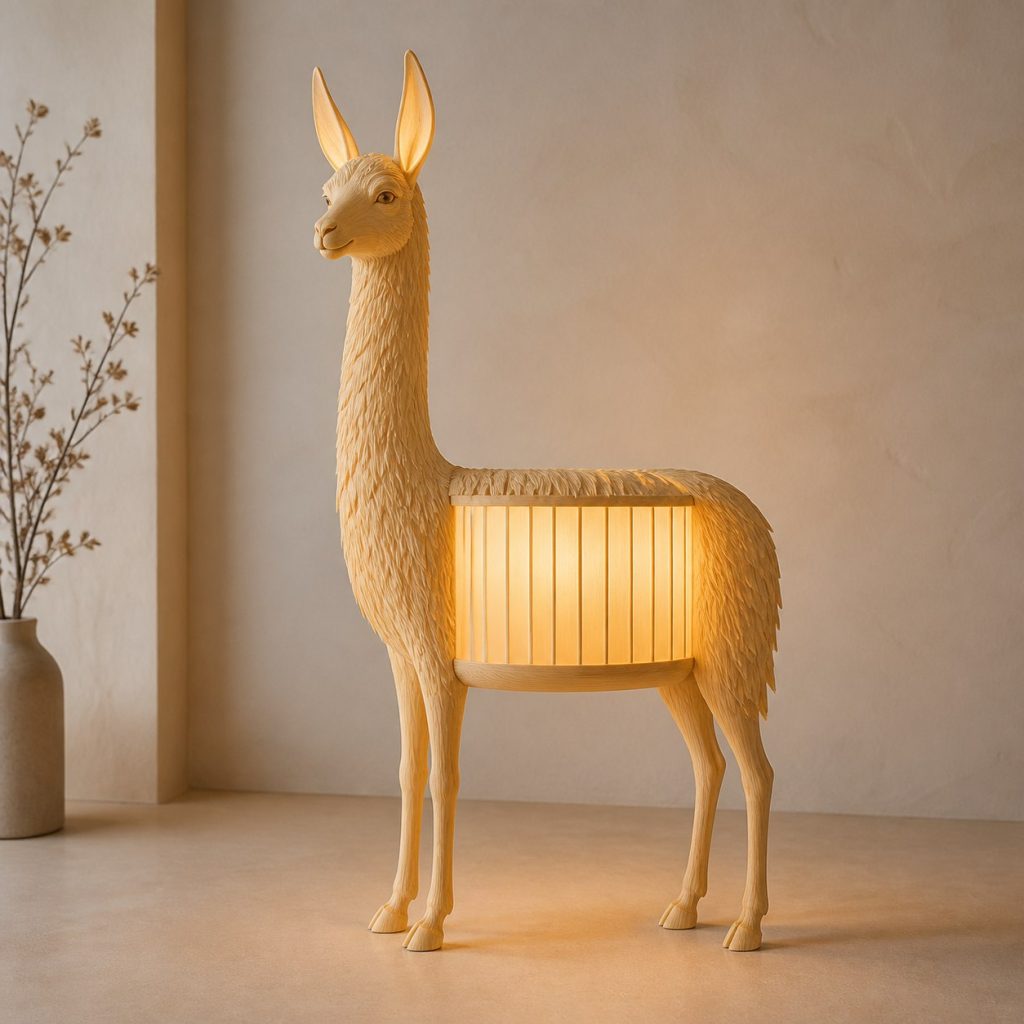 Llama Profile Lamp shown as an original square photorealistic llama lamp made from natural light-yellow wood with fine grain and warm diffused light