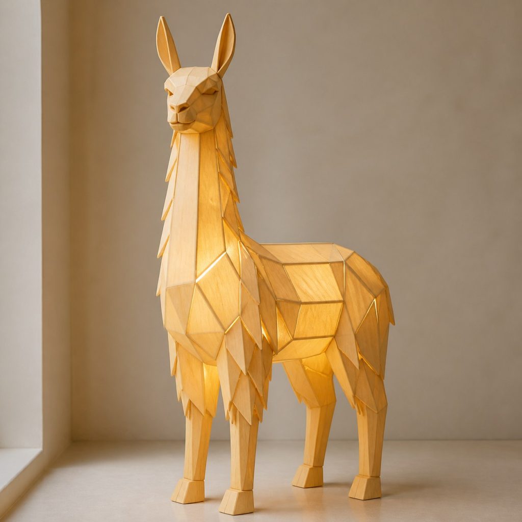 Faceted Llama Lamp shown as an original square photorealistic llama lamp made from natural light-yellow wood with fine grain and warm diffused light