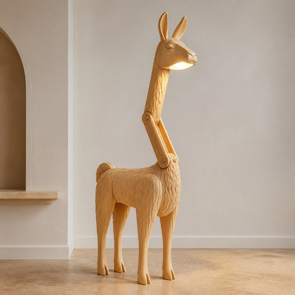 Llama-Neck Desk Task Lamp shown as an original square photorealistic llama lamp made from natural light-yellow wood with fine grain and warm diffused light