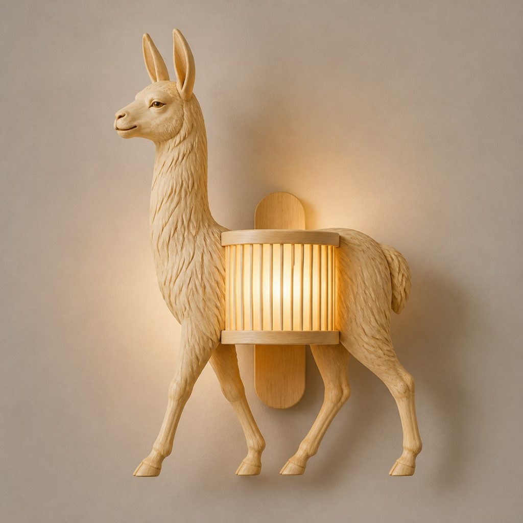 Walking Llama Wall Sconce shown as an original square photorealistic llama lamp made from natural light-yellow wood with fine grain and warm diffused light