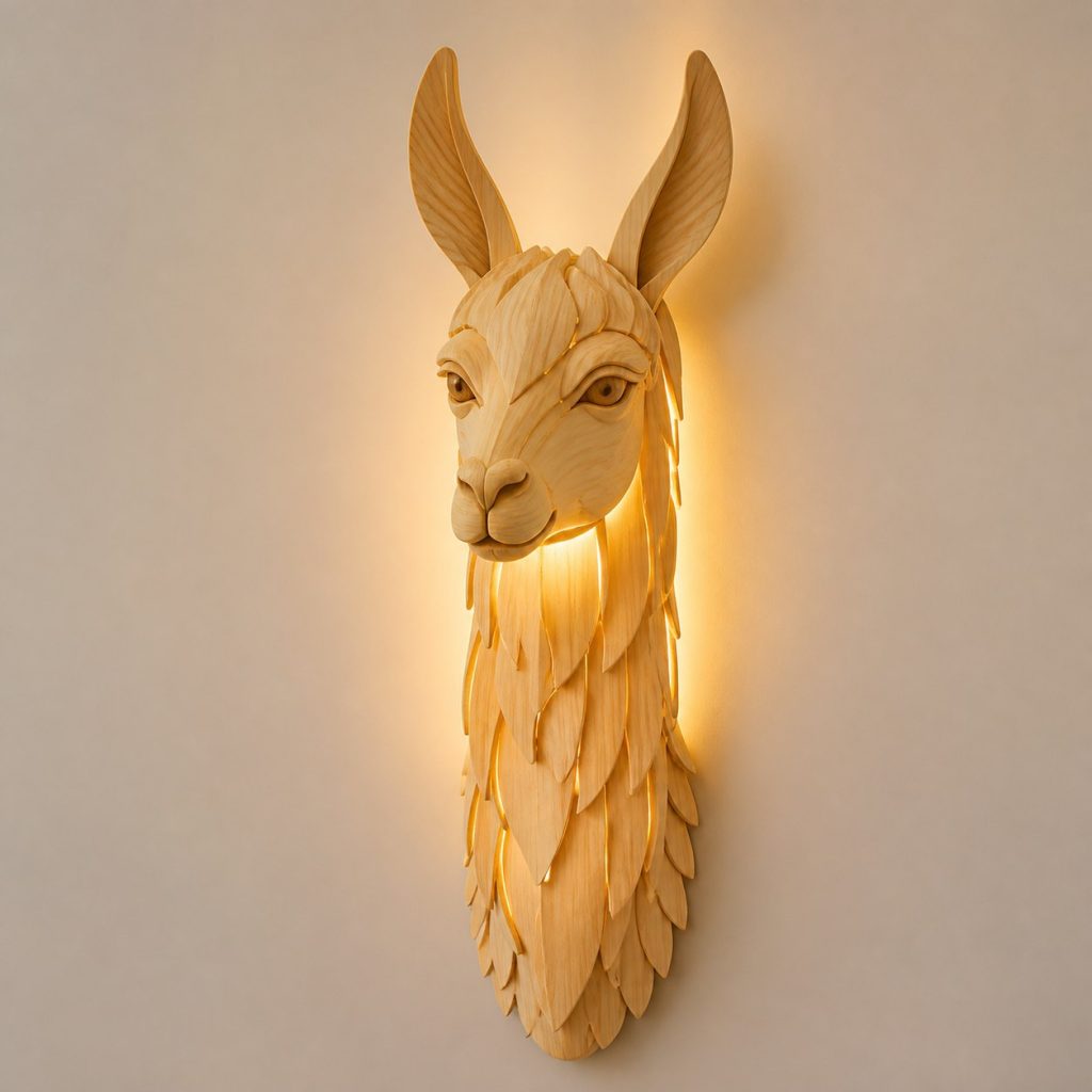 Layered Llama Head Wall Lamp shown as an original square photorealistic llama lamp made from natural light-yellow wood with fine grain and warm diffused light