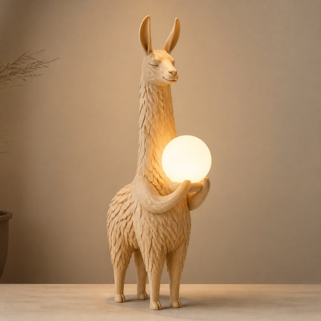 Llama Orb Lamp shown as an original square photorealistic llama lamp made from natural light-yellow wood with fine grain and warm diffused light