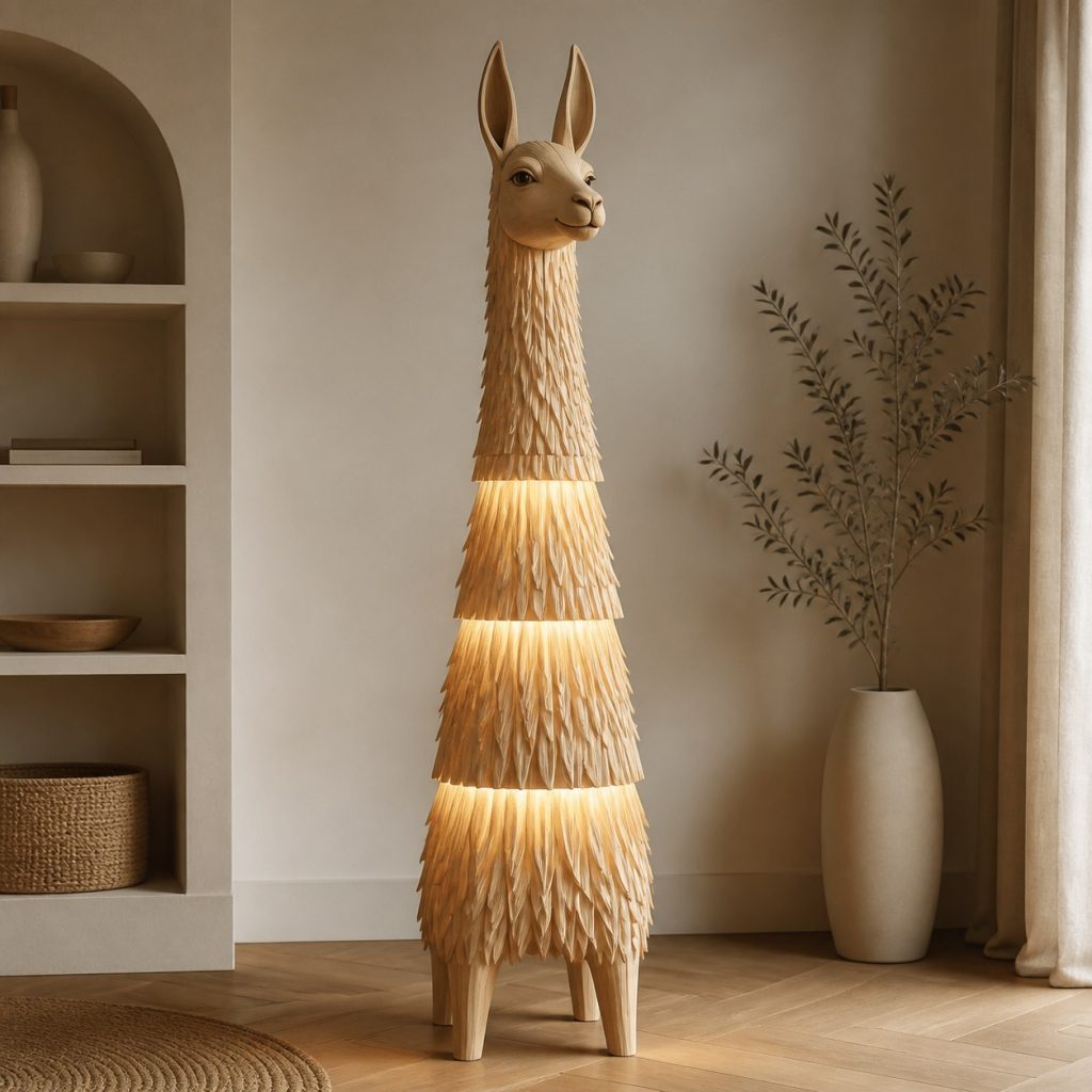 Stacked Llama Floor Lamp shown as an original square photorealistic llama lamp made from natural light-yellow wood with fine grain and warm diffused light