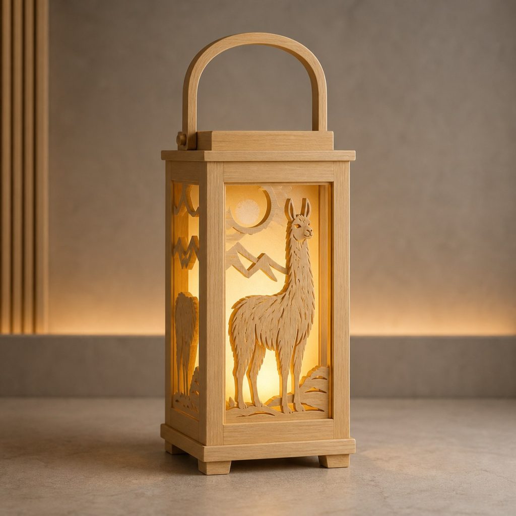 Andean Llama Lantern shown as an original square photorealistic llama lamp made from natural light-yellow wood with fine grain and warm diffused light