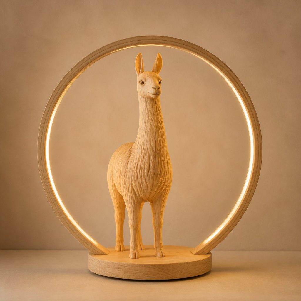 Llama Mountain-Ring Lamp shown as an original square photorealistic llama lamp made from natural light-yellow wood with fine grain and warm diffused light