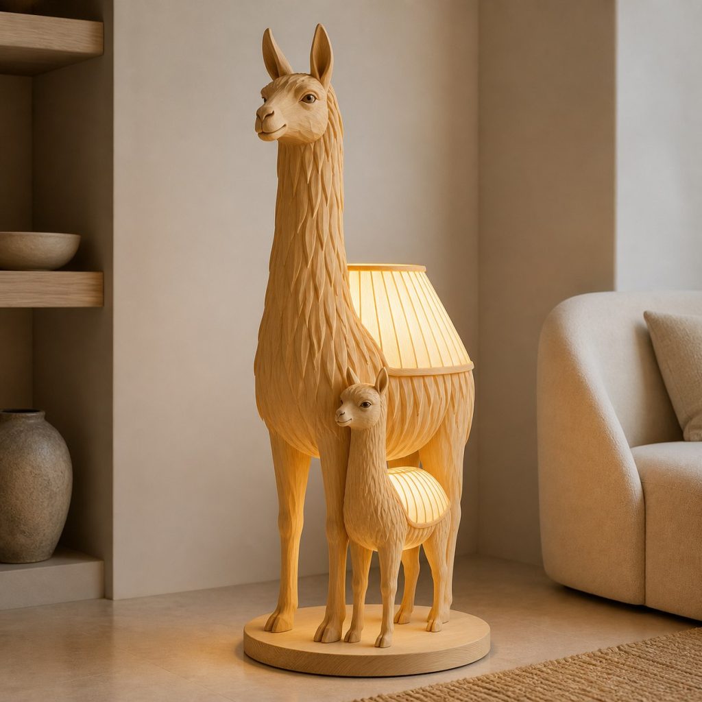 Paired Llama Floor Lamp shown as an original square photorealistic llama lamp made from natural light-yellow wood with fine grain and warm diffused light