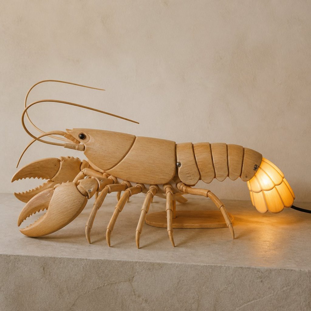Lobster Profile Lamp shown as an original square photorealistic lobster lamp made from natural light-yellow wood with fine grain and warm diffused light