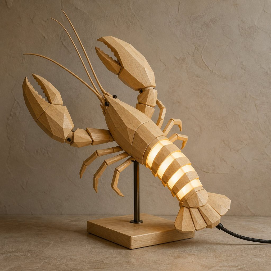 Faceted Lobster Lamp shown as an original square photorealistic lobster lamp made from natural light-yellow wood with fine grain and warm diffused light