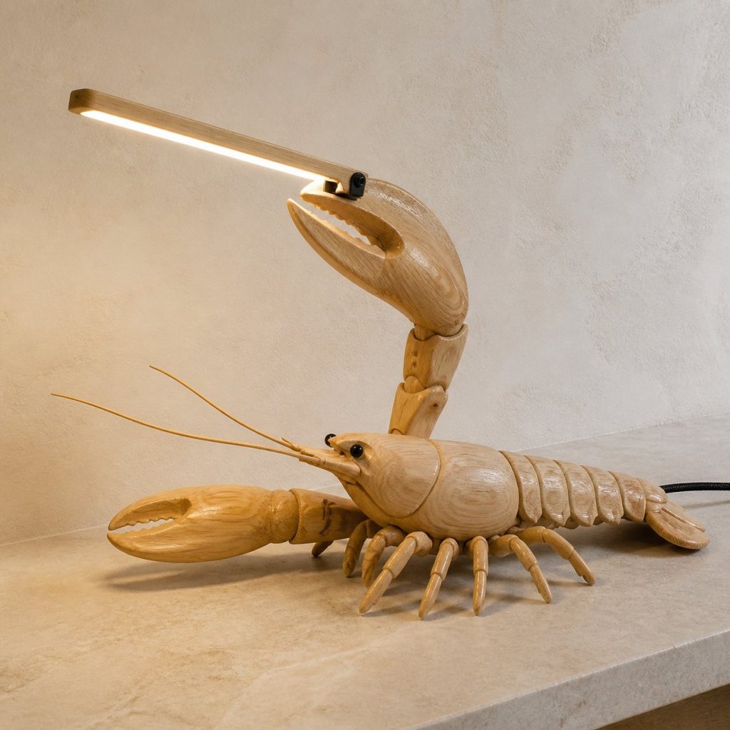 Lobster-Claw Desk Task Lamp shown as an original square photorealistic lobster lamp made from natural light-yellow wood with fine grain and warm diffused light