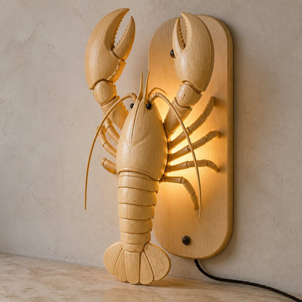 Swimming Lobster Wall Sconce shown as an original square photorealistic lobster lamp made from natural light-yellow wood with fine grain and warm diffused light