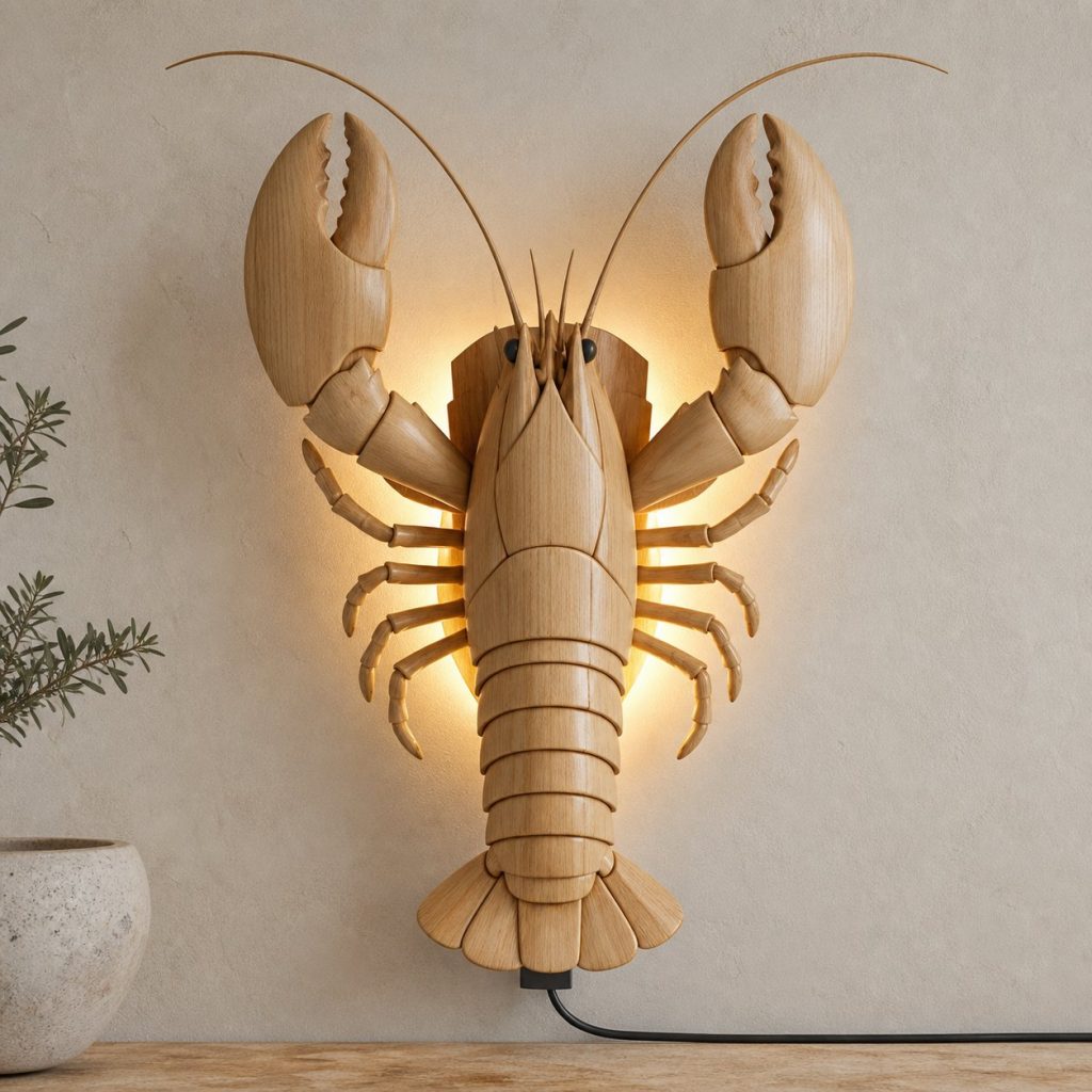 Layered Lobster Wall Lamp shown as an original square photorealistic lobster lamp made from natural light-yellow wood with fine grain and warm diffused light