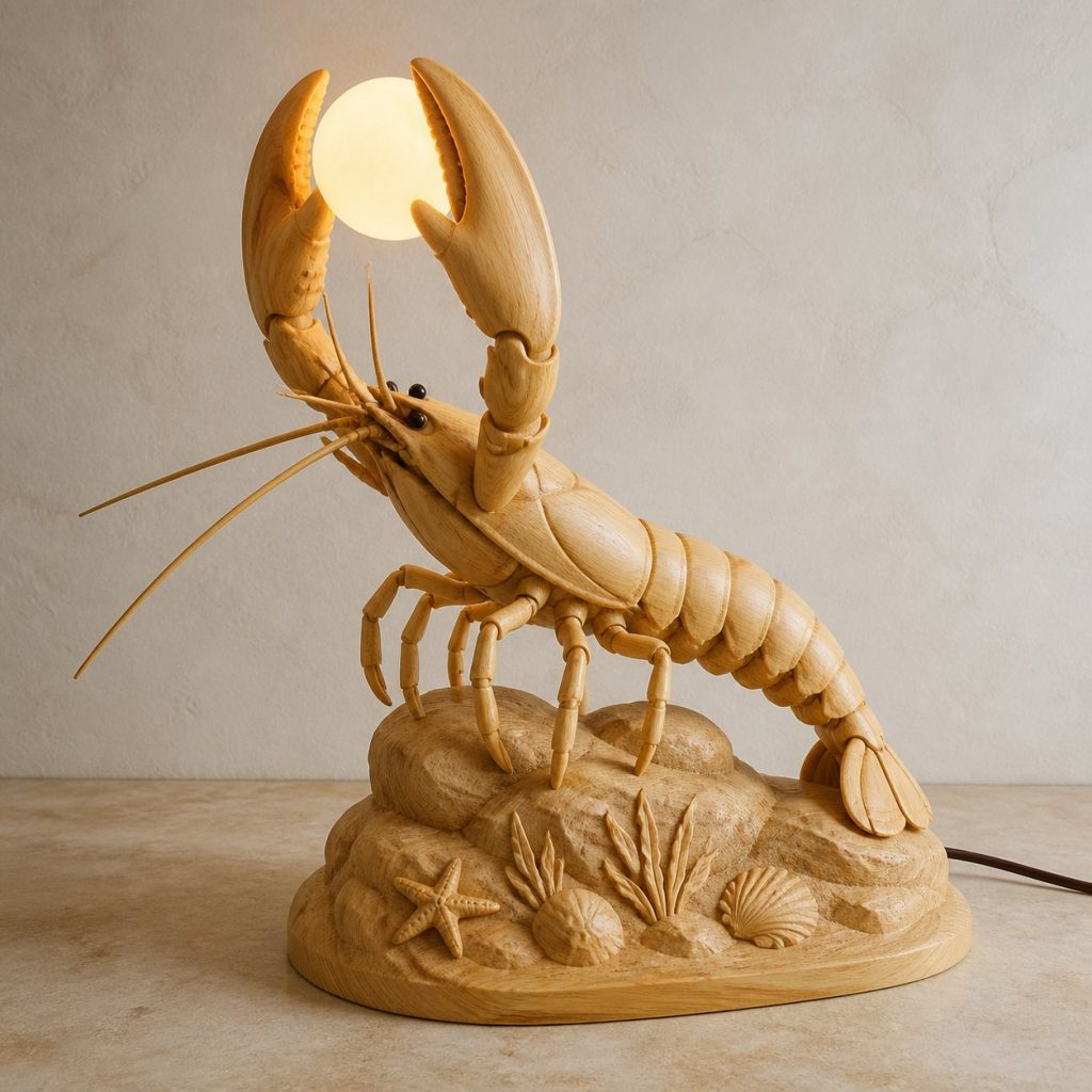 Lobster Pearl Orb Lamp shown as an original square photorealistic lobster lamp made from natural light-yellow wood with fine grain and warm diffused light
