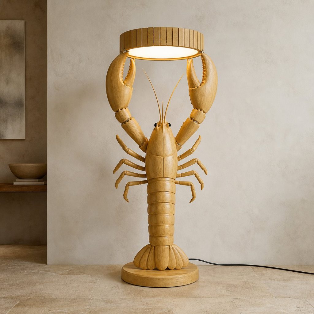 Upright Lobster Floor Lamp shown as an original square photorealistic lobster lamp made from natural light-yellow wood with fine grain and warm diffused light