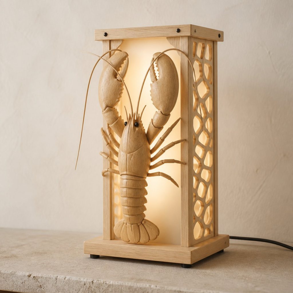 Harbor Lobster Lantern shown as an original square photorealistic lobster lamp made from natural light-yellow wood with fine grain and warm diffused light