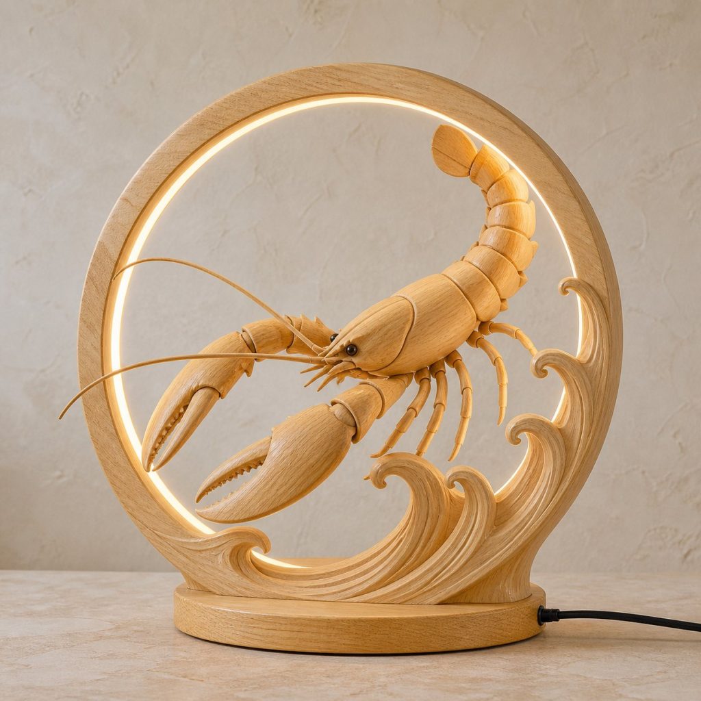 Lobster Wave-Ring Lamp shown as an original square photorealistic lobster lamp made from natural light-yellow wood with fine grain and warm diffused light