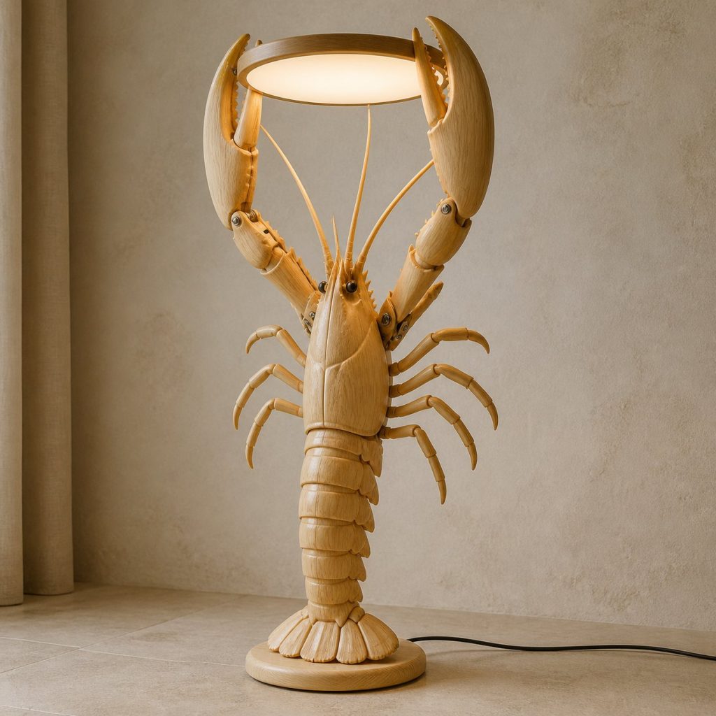 Twin-Claw Lobster Floor Lamp shown as an original square photorealistic lobster lamp made from natural light-yellow wood with fine grain and warm diffused light