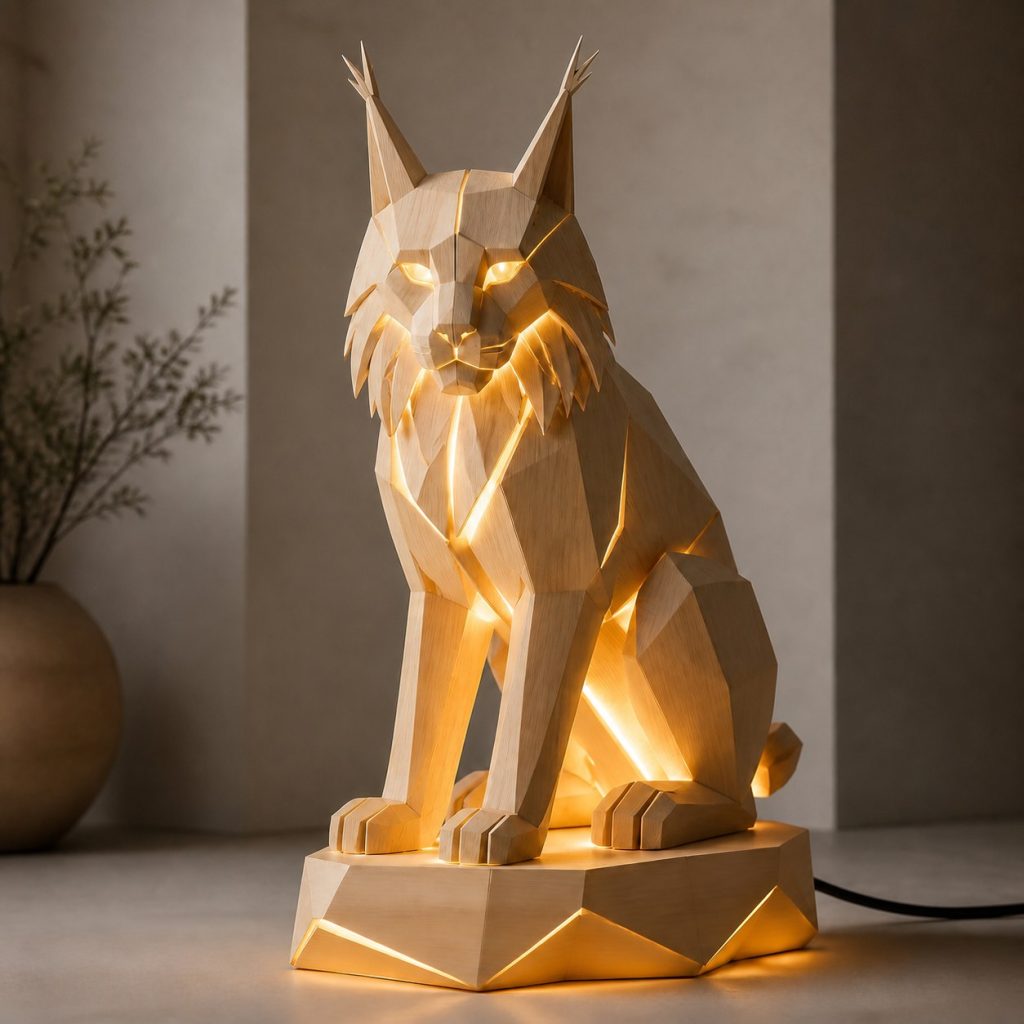 Faceted Lynx Lamp shown as an original square photorealistic lynx lamp made from natural light-yellow wood with fine grain and warm diffused light