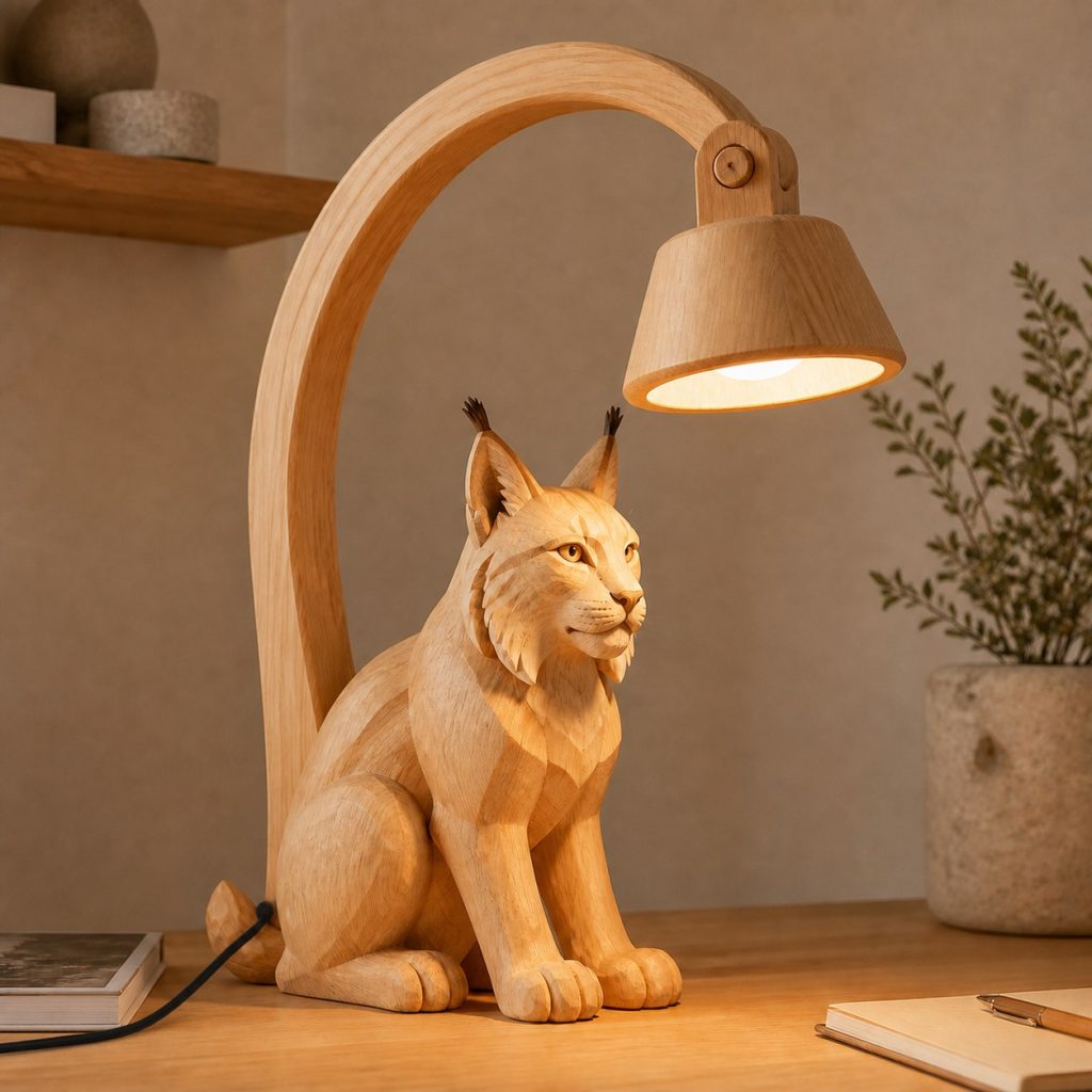 Lynx-Ear Desk Task Lamp shown as an original square photorealistic lynx lamp made from natural light-yellow wood with fine grain and warm diffused light
