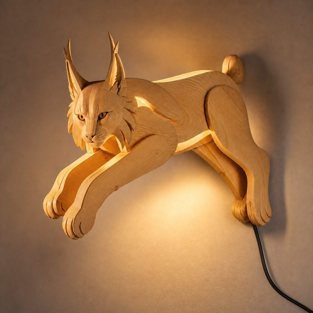 Pouncing Lynx Wall Sconce shown as an original square photorealistic lynx lamp made from natural light-yellow wood with fine grain and warm diffused light