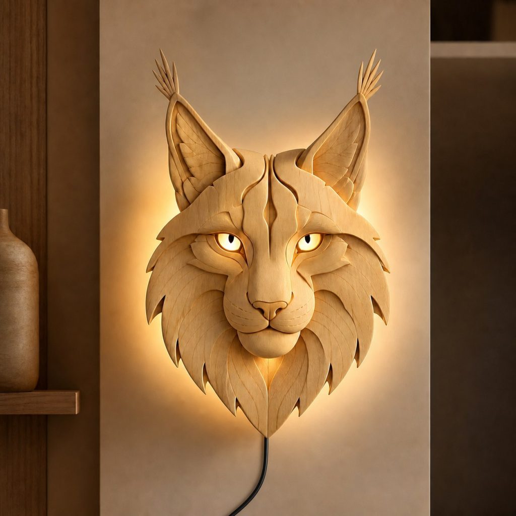 Layered Lynx Face Wall Lamp shown as an original square photorealistic lynx lamp made from natural light-yellow wood with fine grain and warm diffused light