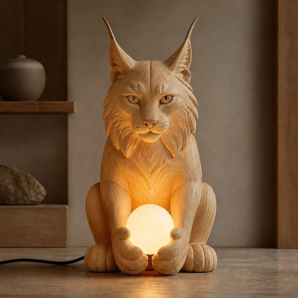 Lynx Orb Lamp shown as an original square photorealistic lynx lamp made from natural light-yellow wood with fine grain and warm diffused light