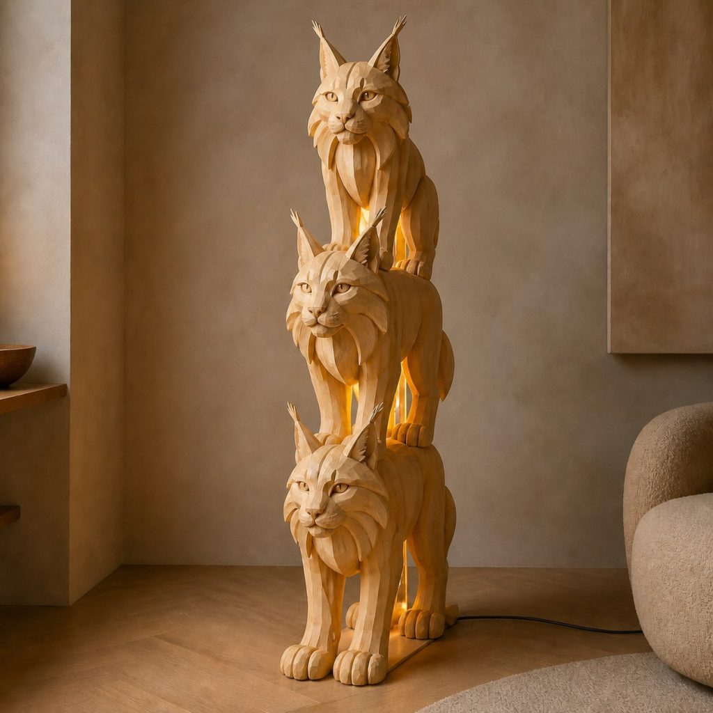 Stacked Lynx Floor Lamp shown as an original square photorealistic lynx lamp made from natural light-yellow wood with fine grain and warm diffused light