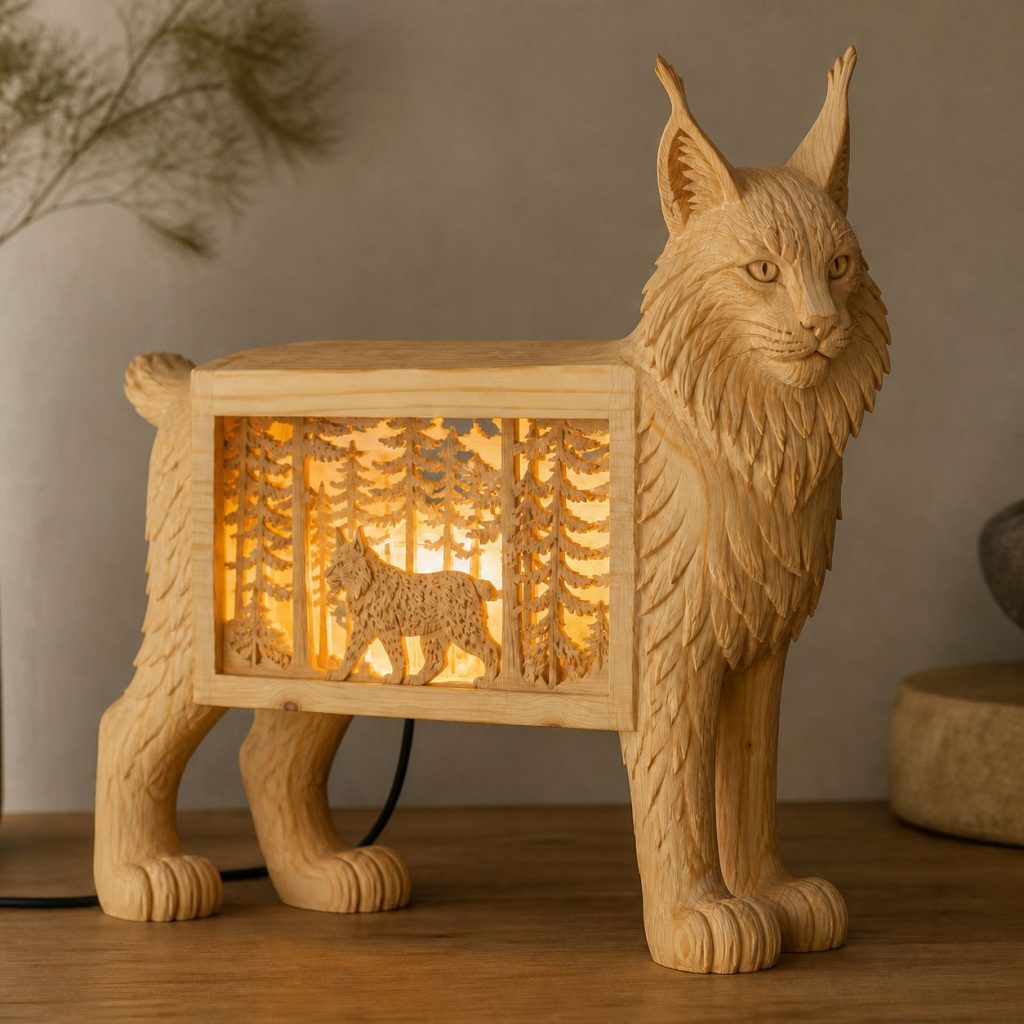 Taiga Lynx Lantern shown as an original square photorealistic lynx lamp made from natural light-yellow wood with fine grain and warm diffused light