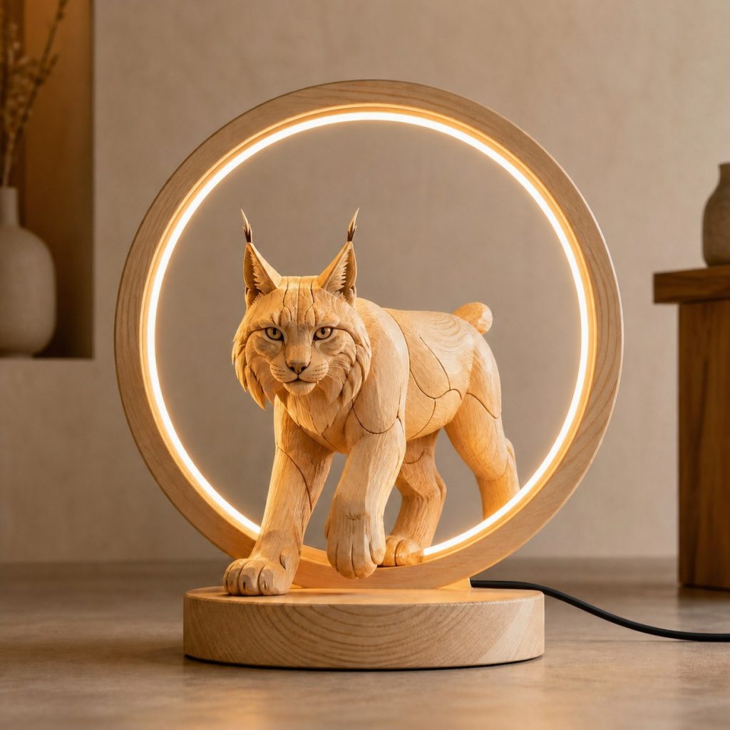 Lynx Snow-Ring Lamp shown as an original square photorealistic lynx lamp made from natural light-yellow wood with fine grain and warm diffused light
