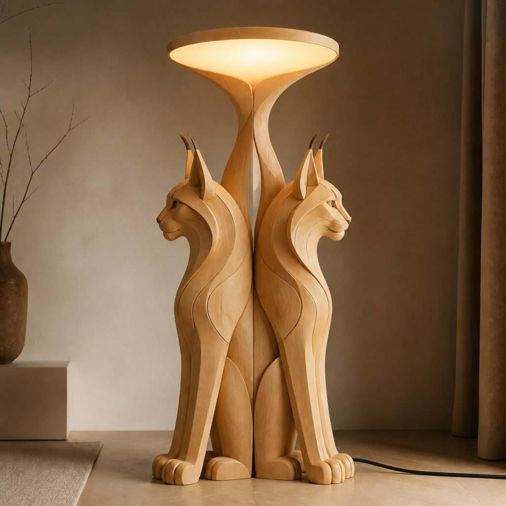 Paired-Ruff Lynx Floor Lamp shown as an original square photorealistic lynx lamp made from natural light-yellow wood with fine grain and warm diffused light