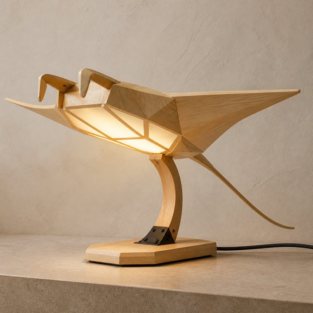 Faceted Manta Ray Lamp shown as an original square photorealistic manta ray lamp made from natural light-yellow wood with fine grain and warm diffused light