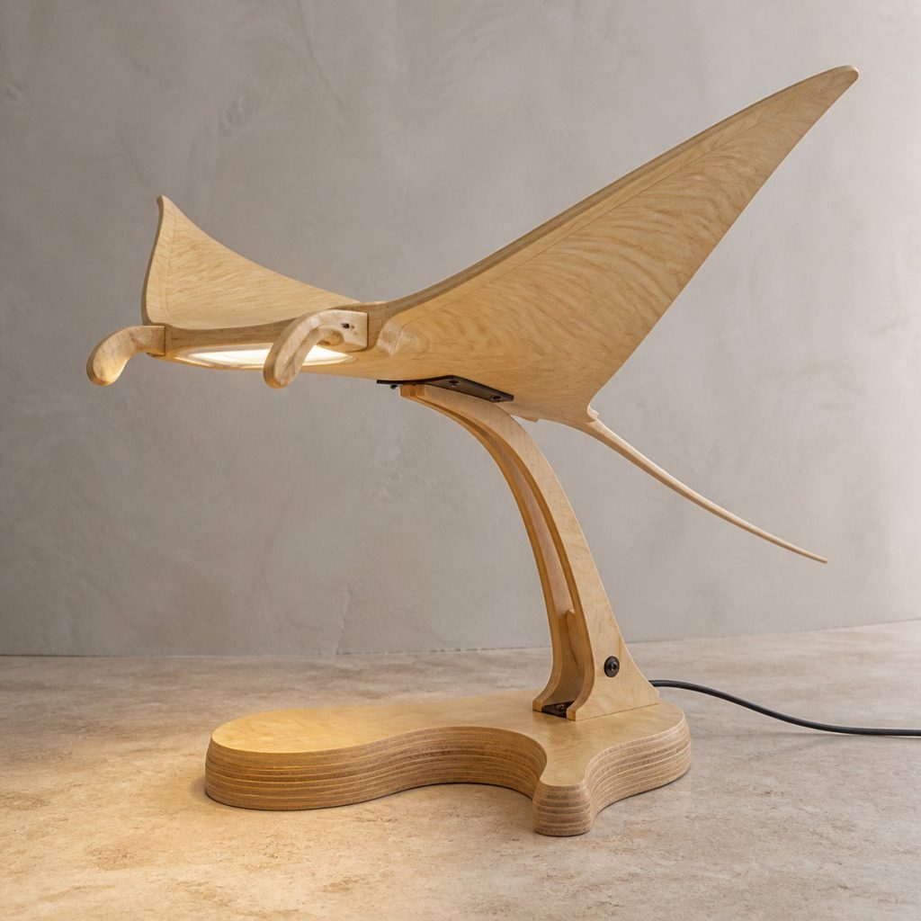 Manta-Wing Desk Task Lamp shown as an original square photorealistic manta ray lamp made from natural light-yellow wood with fine grain and warm diffused light