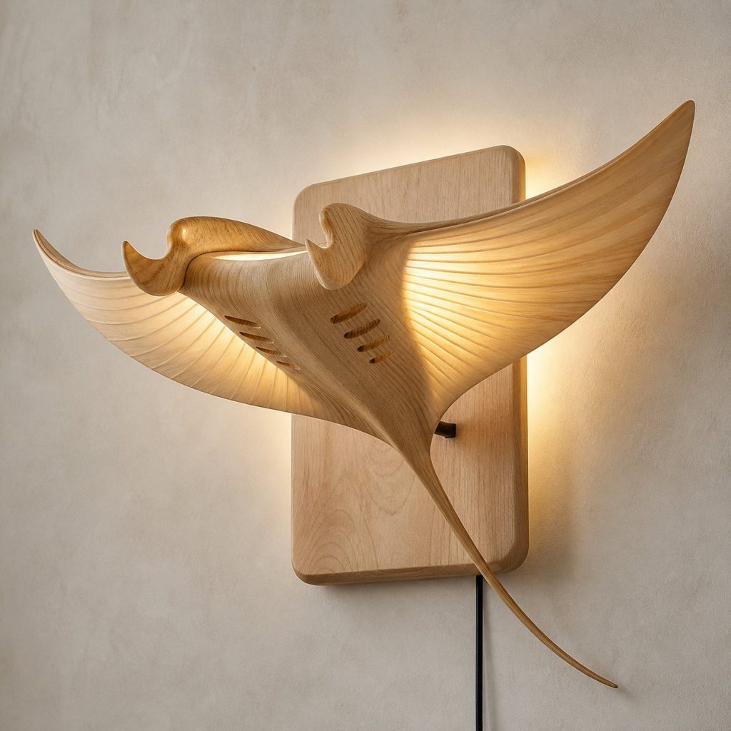 Swimming Manta Ray Wall Sconce shown as an original square photorealistic manta ray lamp made from natural light-yellow wood with fine grain and warm diffused light