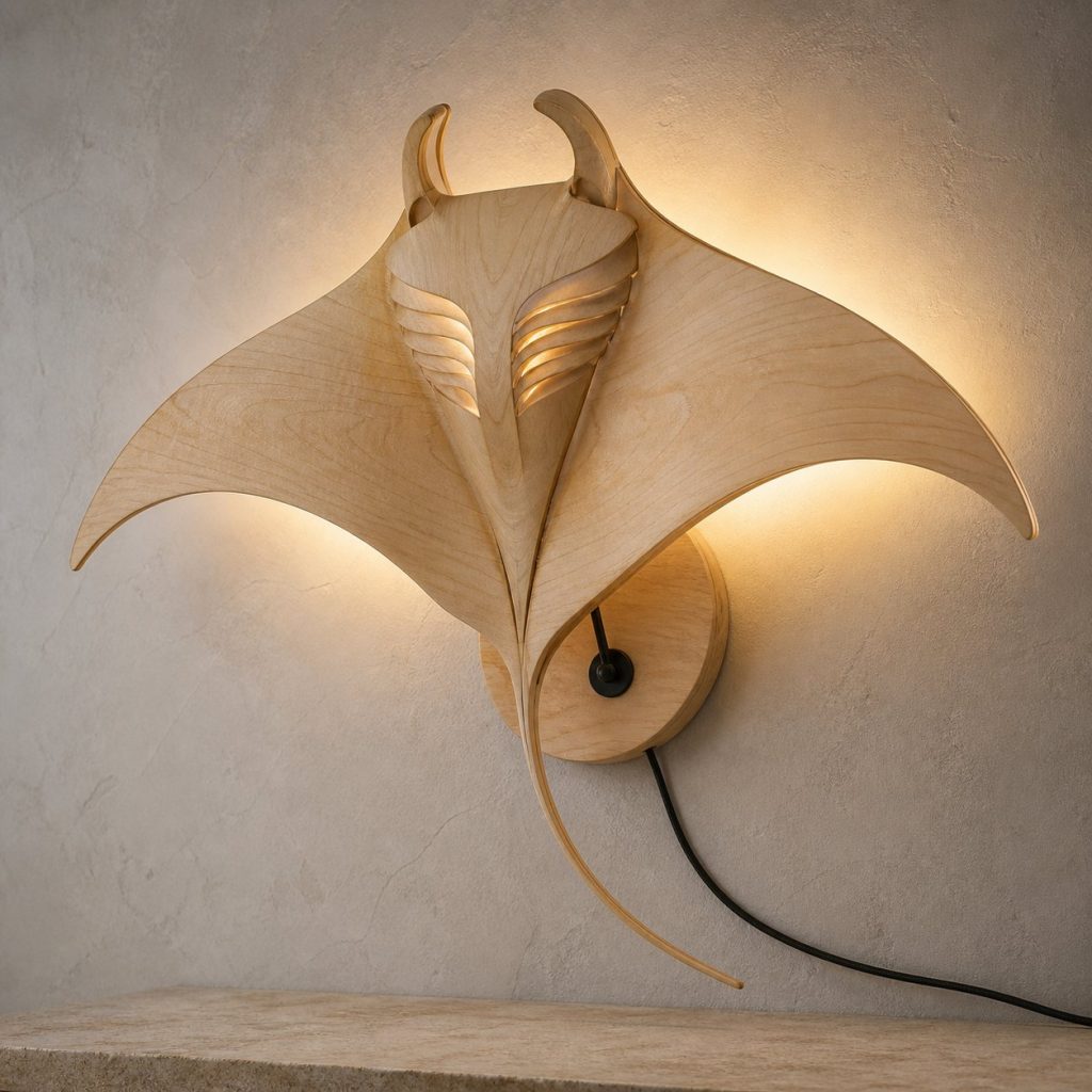 Layered Manta Ray Wall Lamp shown as an original square photorealistic manta ray lamp made from natural light-yellow wood with fine grain and warm diffused light