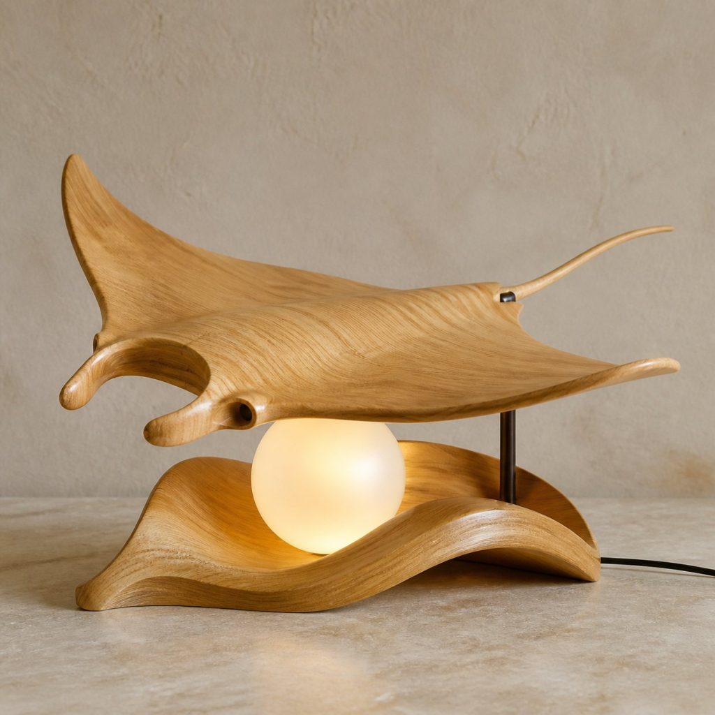 Manta Ray Pearl Orb Lamp shown as an original square photorealistic manta ray lamp made from natural light-yellow wood with fine grain and warm diffused light