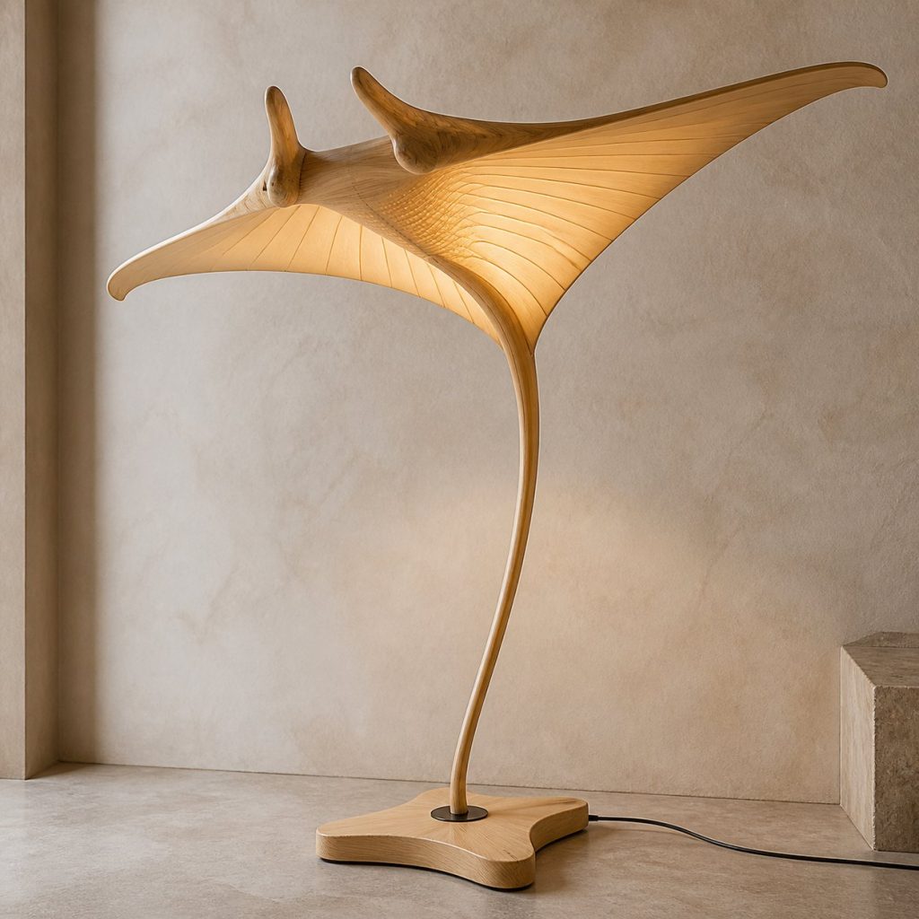 Tall Manta Ray Floor Lamp shown as an original square photorealistic manta ray lamp made from natural light-yellow wood with fine grain and warm diffused light