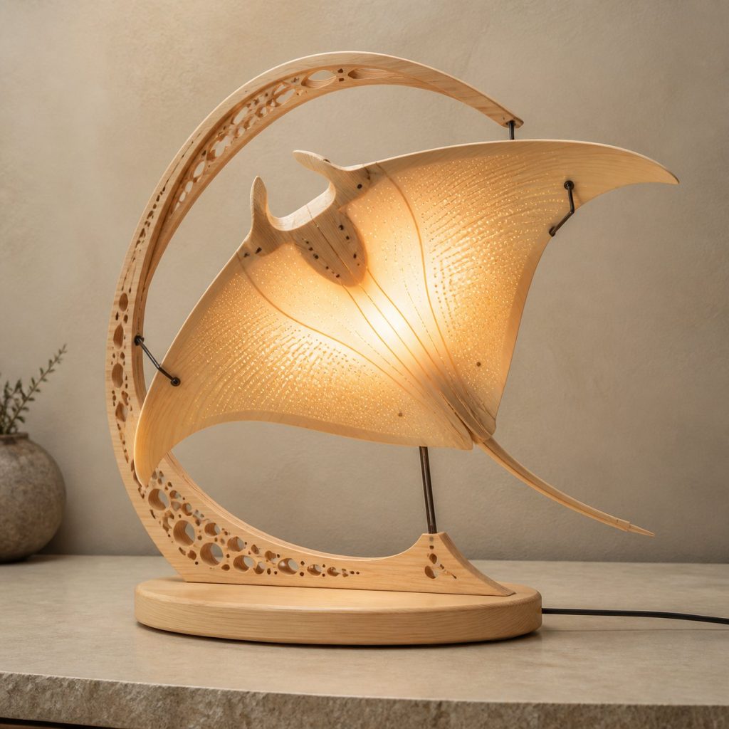Ocean Manta Lantern shown as an original square photorealistic manta ray lamp made from natural light-yellow wood with fine grain and warm diffused light