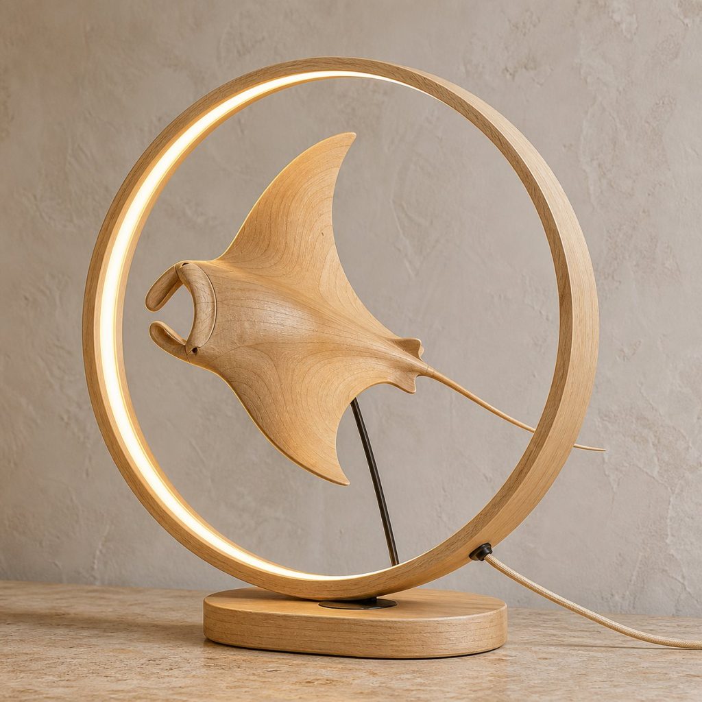 Manta Current-Ring Lamp shown as an original square photorealistic manta ray lamp made from natural light-yellow wood with fine grain and warm diffused light