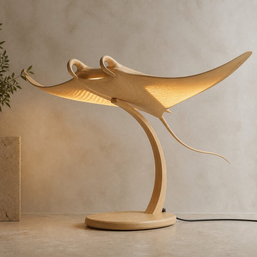 Paired-Wing Manta Floor Lamp shown as an original square photorealistic manta ray lamp made from natural light-yellow wood with fine grain and warm diffused light
