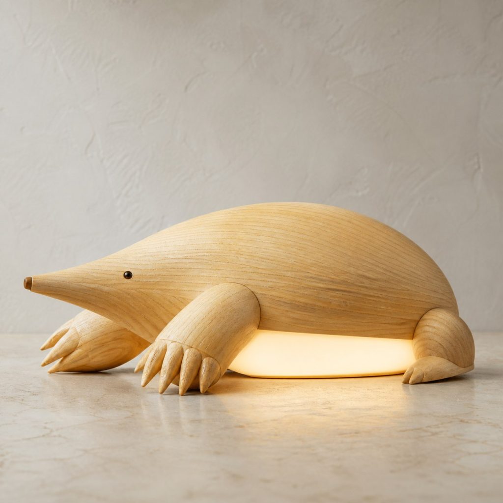 Mole Profile Lamp shown as an original square photorealistic mole lamp made from natural light-yellow wood with fine grain and warm diffused light