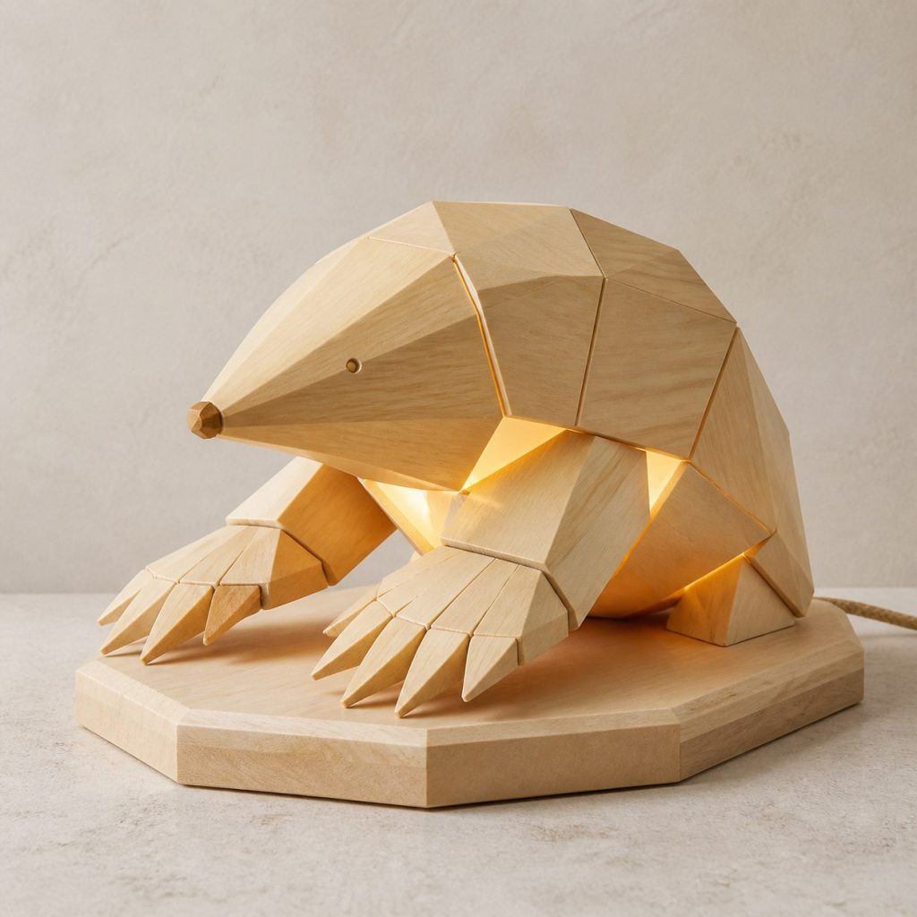 Faceted Mole Lamp shown as an original square photorealistic mole lamp made from natural light-yellow wood with fine grain and warm diffused light