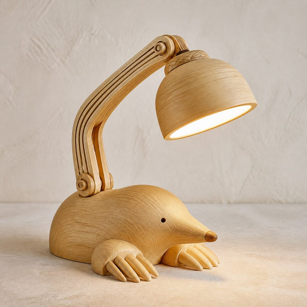 Mole-Paw Desk Task Lamp shown as an original square photorealistic mole lamp made from natural light-yellow wood with fine grain and warm diffused light