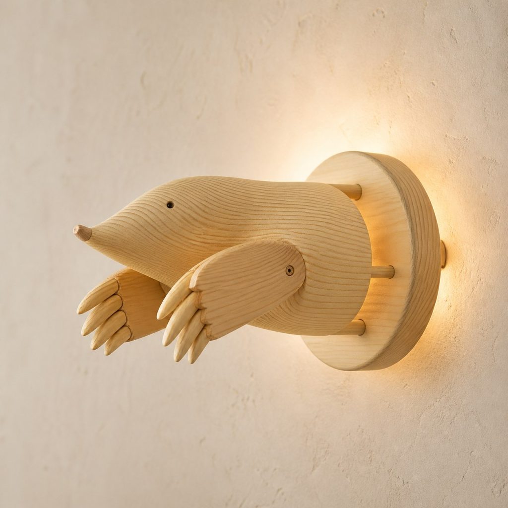 Digging Mole Wall Sconce shown as an original square photorealistic mole lamp made from natural light-yellow wood with fine grain and warm diffused light