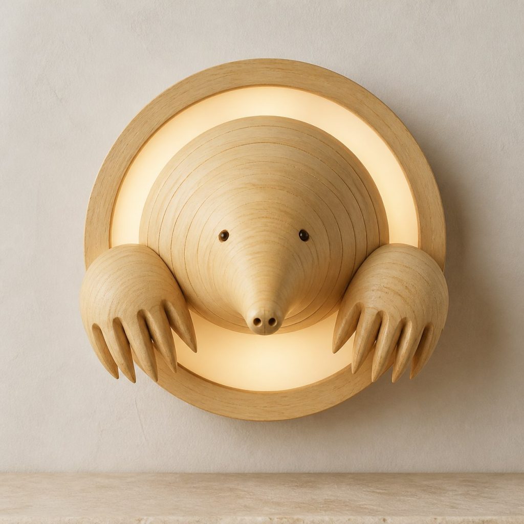 Layered Mole Face Wall Lamp shown as an original square photorealistic mole lamp made from natural light-yellow wood with fine grain and warm diffused light