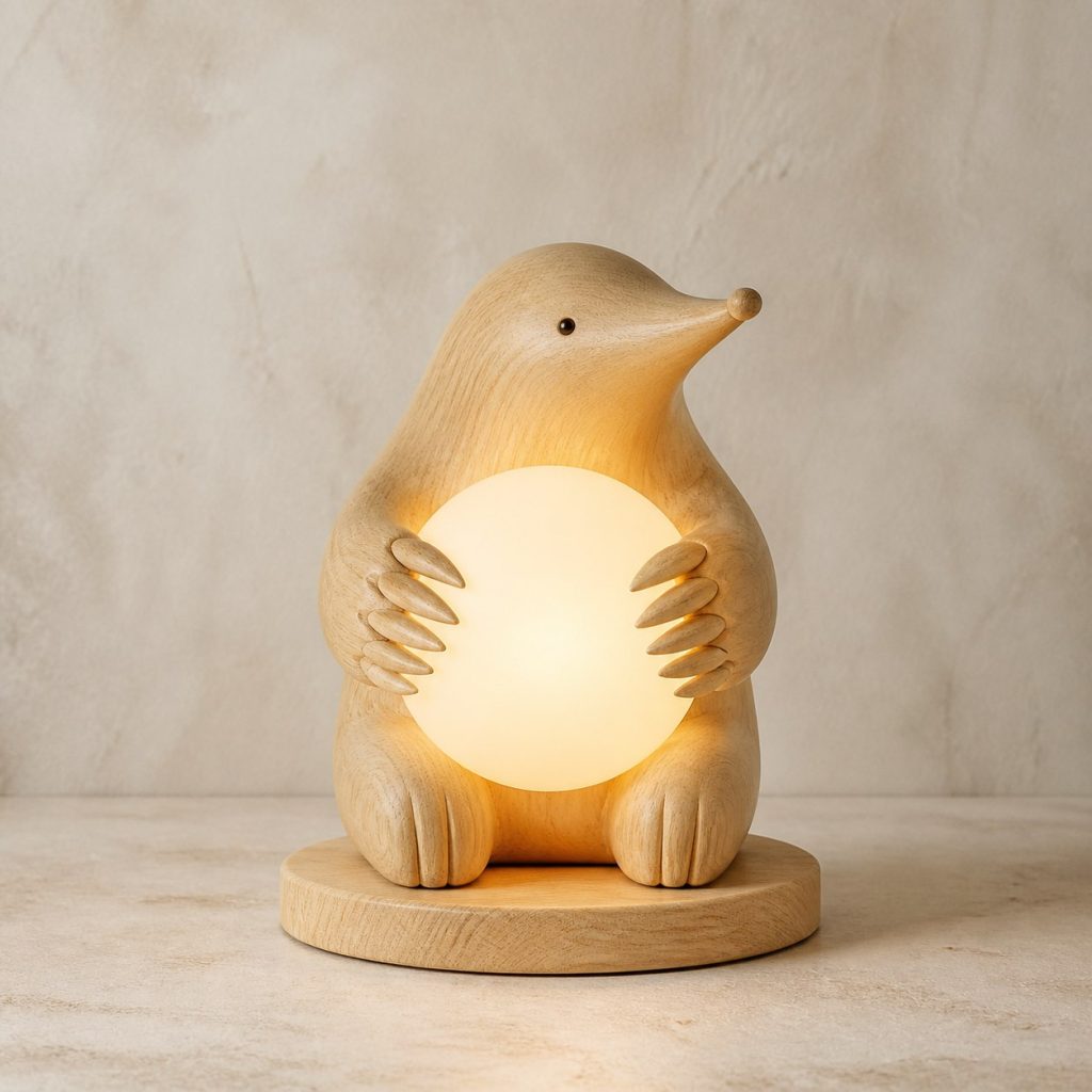 Mole Orb Lamp shown as an original square photorealistic mole lamp made from natural light-yellow wood with fine grain and warm diffused light