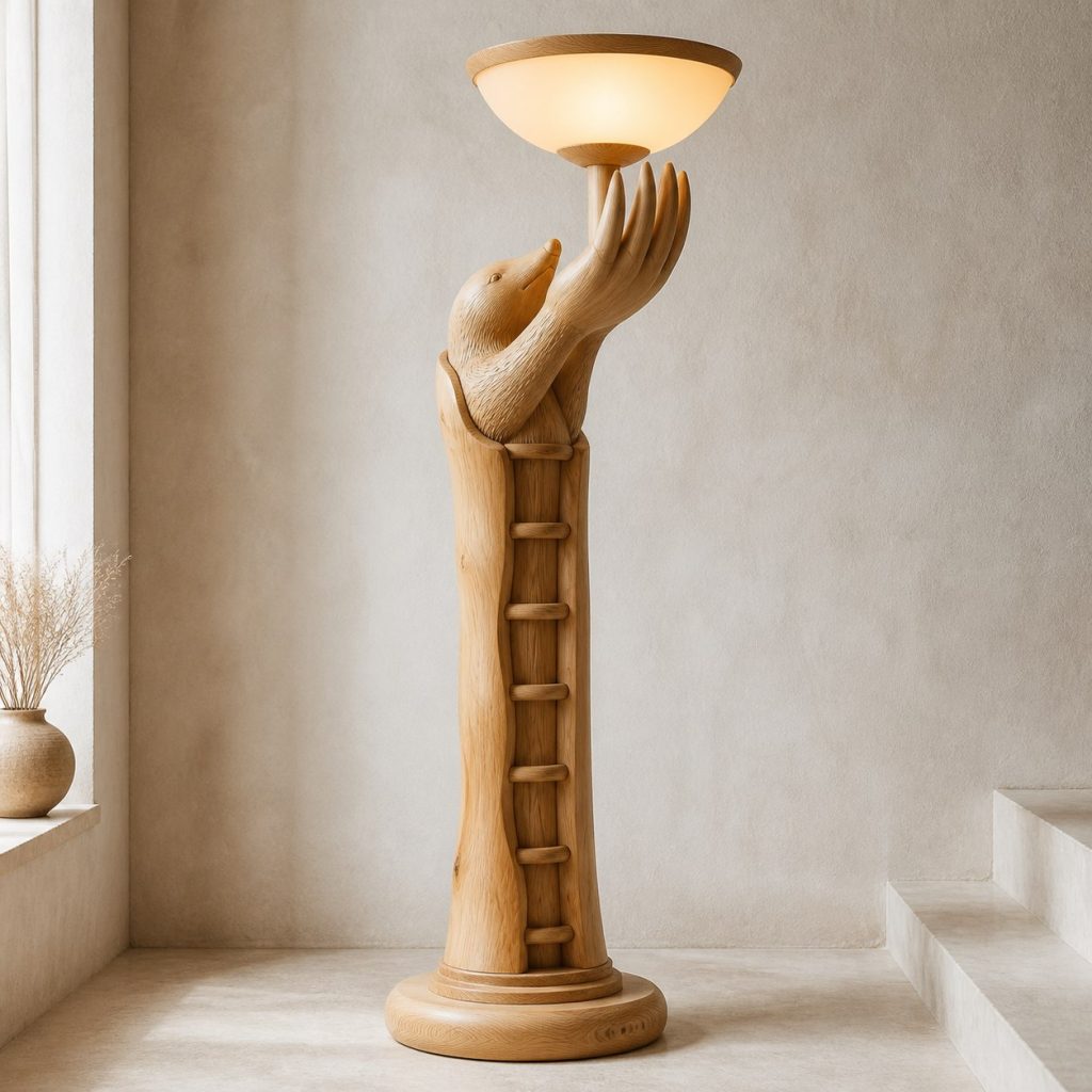 Tall Mole Floor Lamp shown as an original square photorealistic mole lamp made from natural light-yellow wood with fine grain and warm diffused light