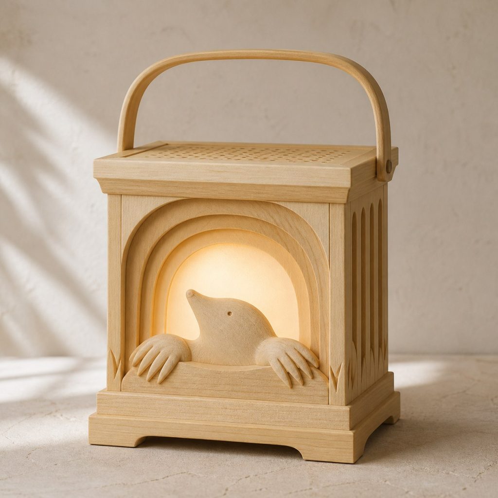 Burrow Mole Lantern shown as an original square photorealistic mole lamp made from natural light-yellow wood with fine grain and warm diffused light